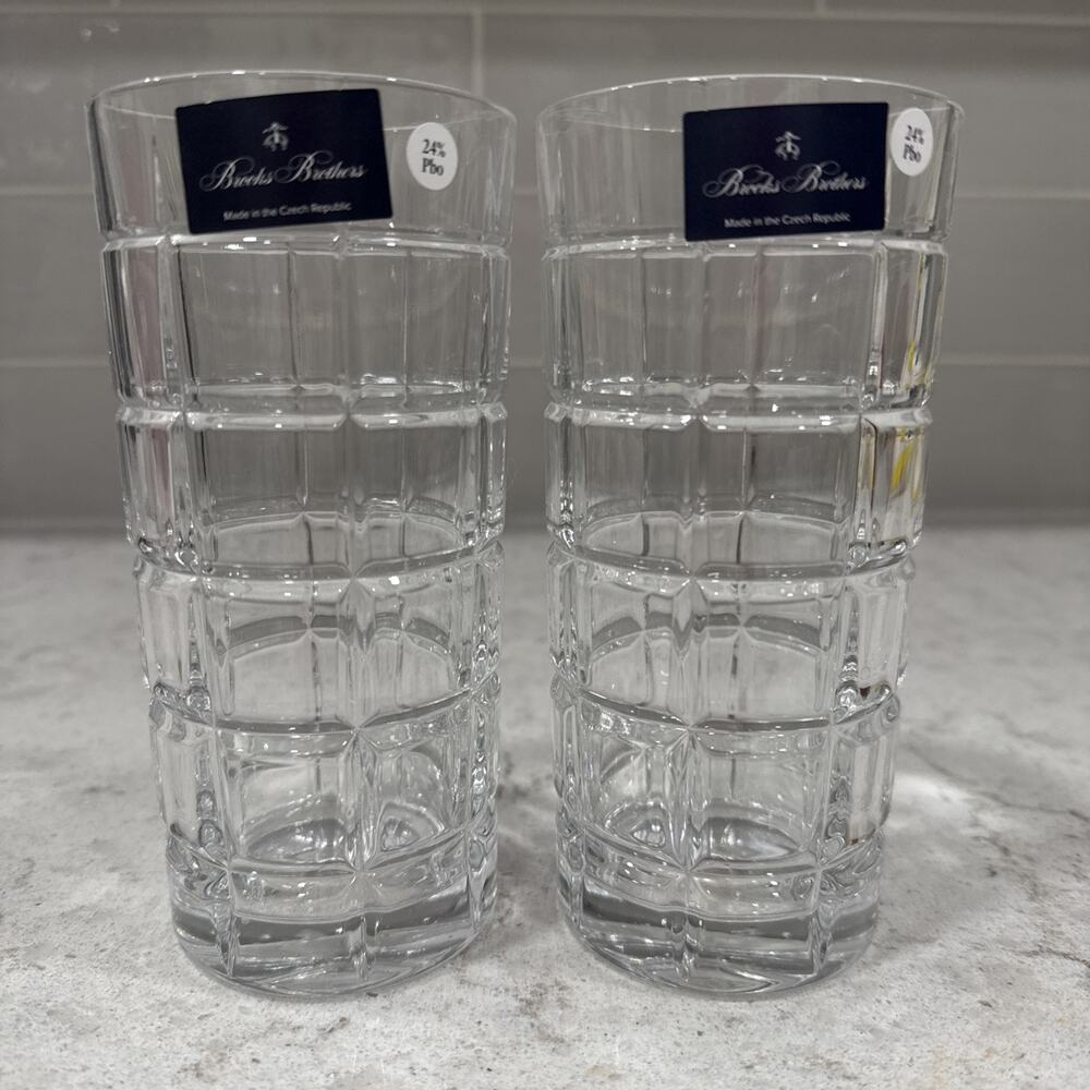 Set 2 Brooks Bros 6” HIGHBALL European Crystal Glass Czech Republic 24% Pbo NEW